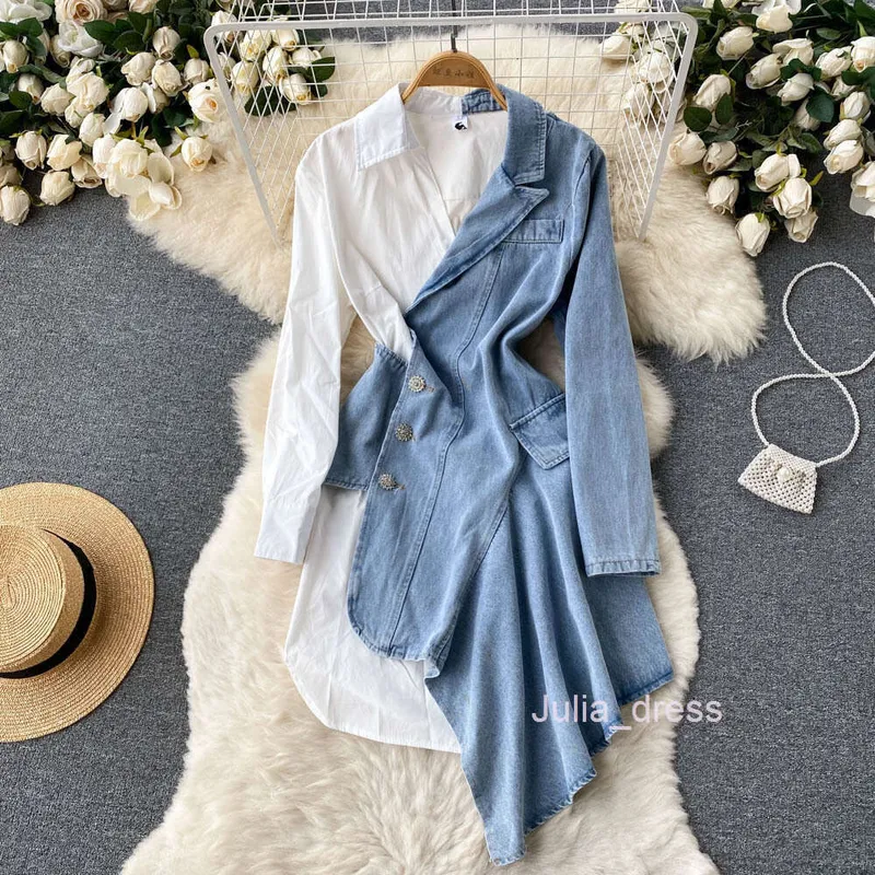 2022 Primavera y otoño Nuevo camisa de manga larga irregular costura Temperamento de vaquero Vestido de calles fritas Femenino S