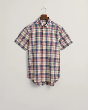 Camisa Regular Fit de manga corta en algodón y lino a cuadros