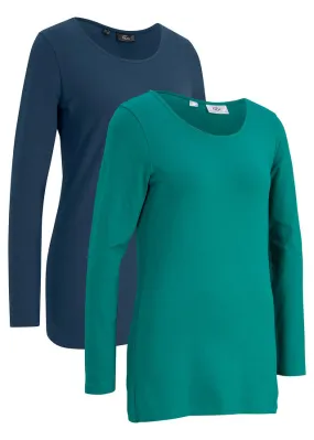 Camiseta larga deportiva de algodón orgánico (2 unidades) Azul marino/esmeralda ahumado