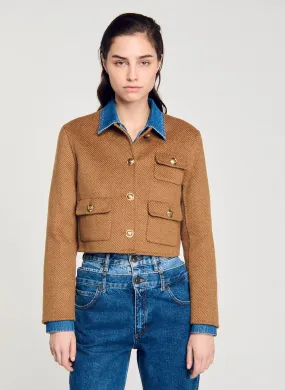 Chaqueta de cuello redondo de lana mezclada en marron