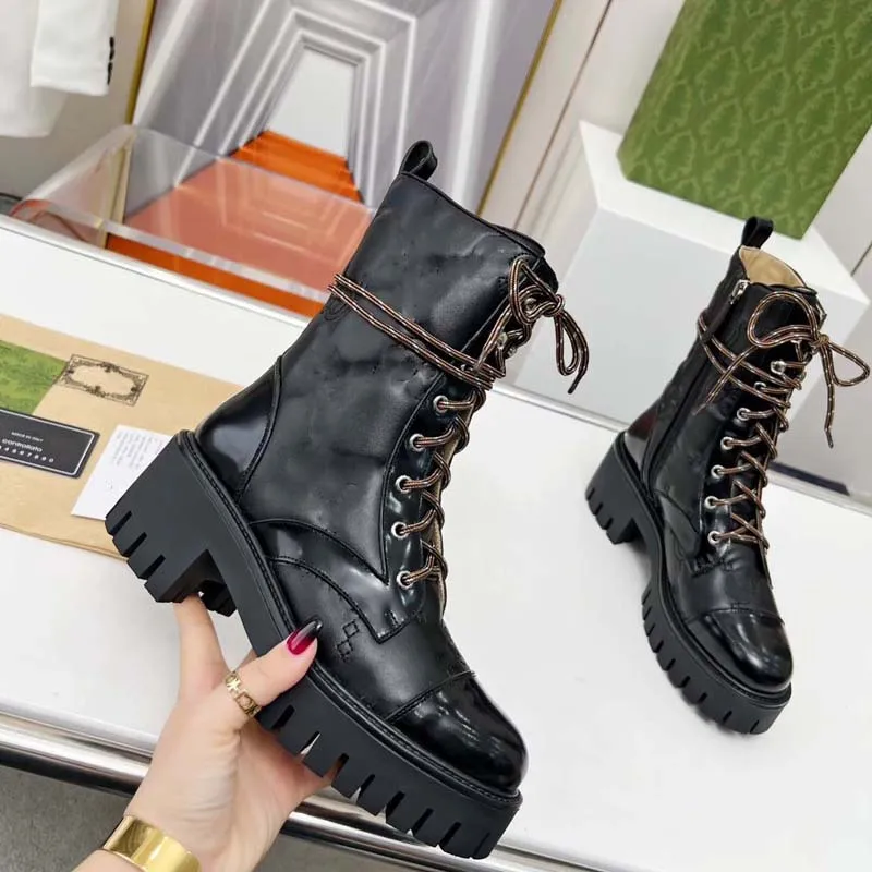 Nuevas botas de otoño e invierno de marca superior de diseñador G para mujer, botas acolchadas con cordones, botas negras, botas