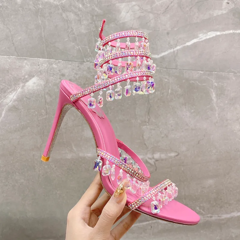 Sandalias zapatos de diseño tacones de tacones de tacones de tacón de lujo colgante de diez dianosillo twining anillo de pie par