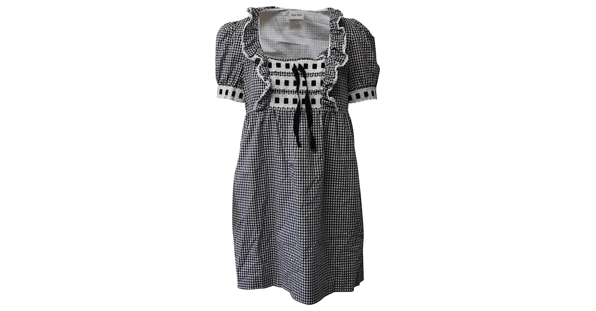 Vestido de cuadros vichy bordado de Miu Miu en algodón negro Impresión de pitón 