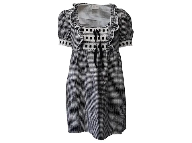 Vestido de cuadros vichy bordado de Miu Miu en algodón negro Impresión de pitón 